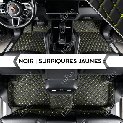 Tapis de Sol 3D Sur Mesure Premium Luxus – Motif Losange Noir avec Surpiqûres Jaunes