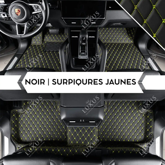 Tapis de Sol 3D Sur Mesure Premium Luxus – Motif Losange Noir avec Surpiqûres Jaunes