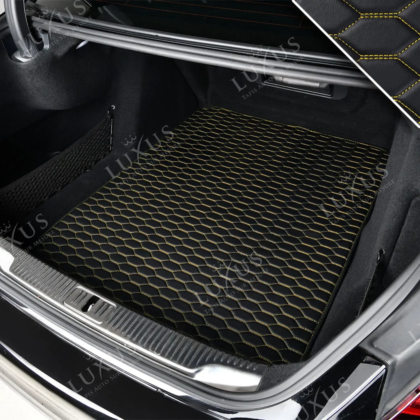 Tapis de Coffre sur Mesure Premium Luxus – Motif Nid d’Abeille Noir avec Surpiqûres Jaunes