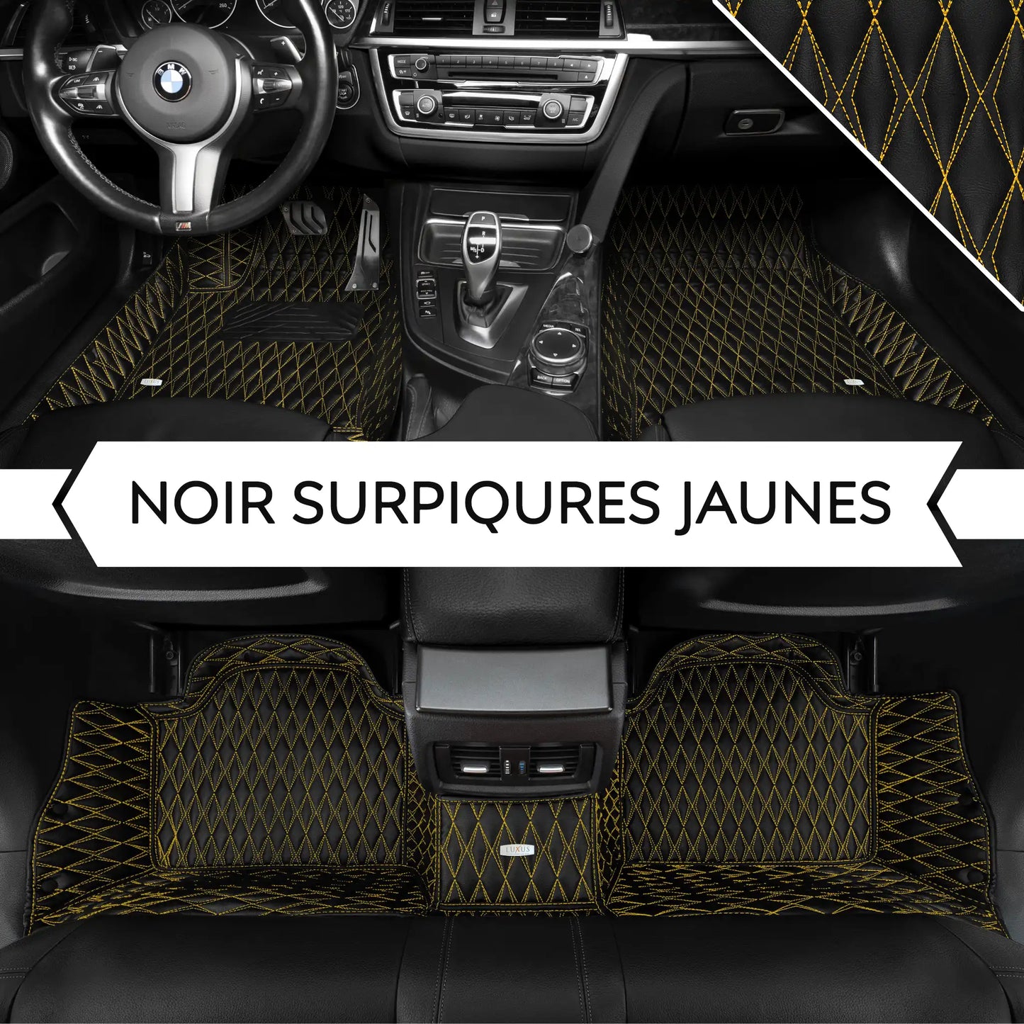 Tapis de Sol 3D sur Mesure Premium Luxus – Motif Double Losange Noir avec Surpiqûres Jaunes