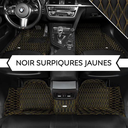 Tapis de Sol 3D sur Mesure Premium Luxus – Motif Double Losange Noir avec Surpiqûres Jaunes