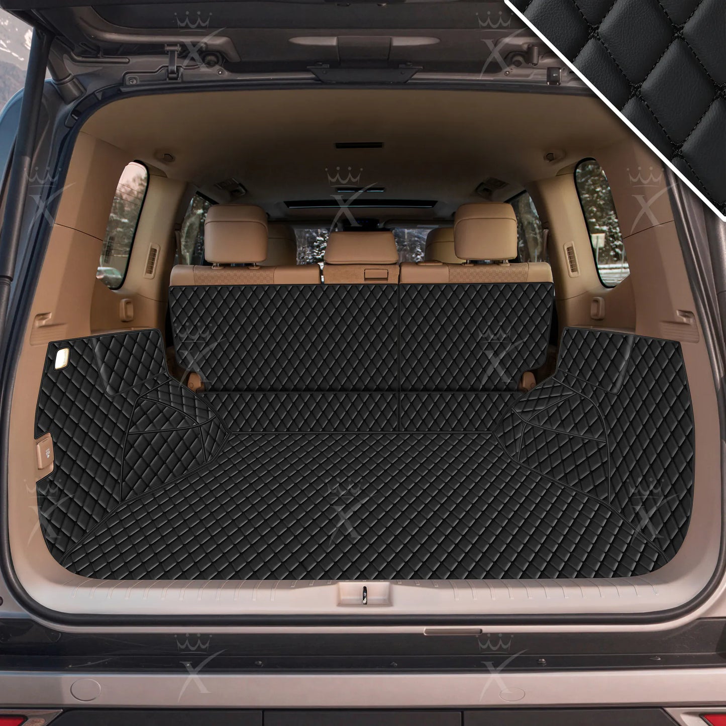 Tapis de Coffre 3D Intégral Sur Mesure Premium Luxus – Motif Losange Noir avec Surpiqûres Noires
