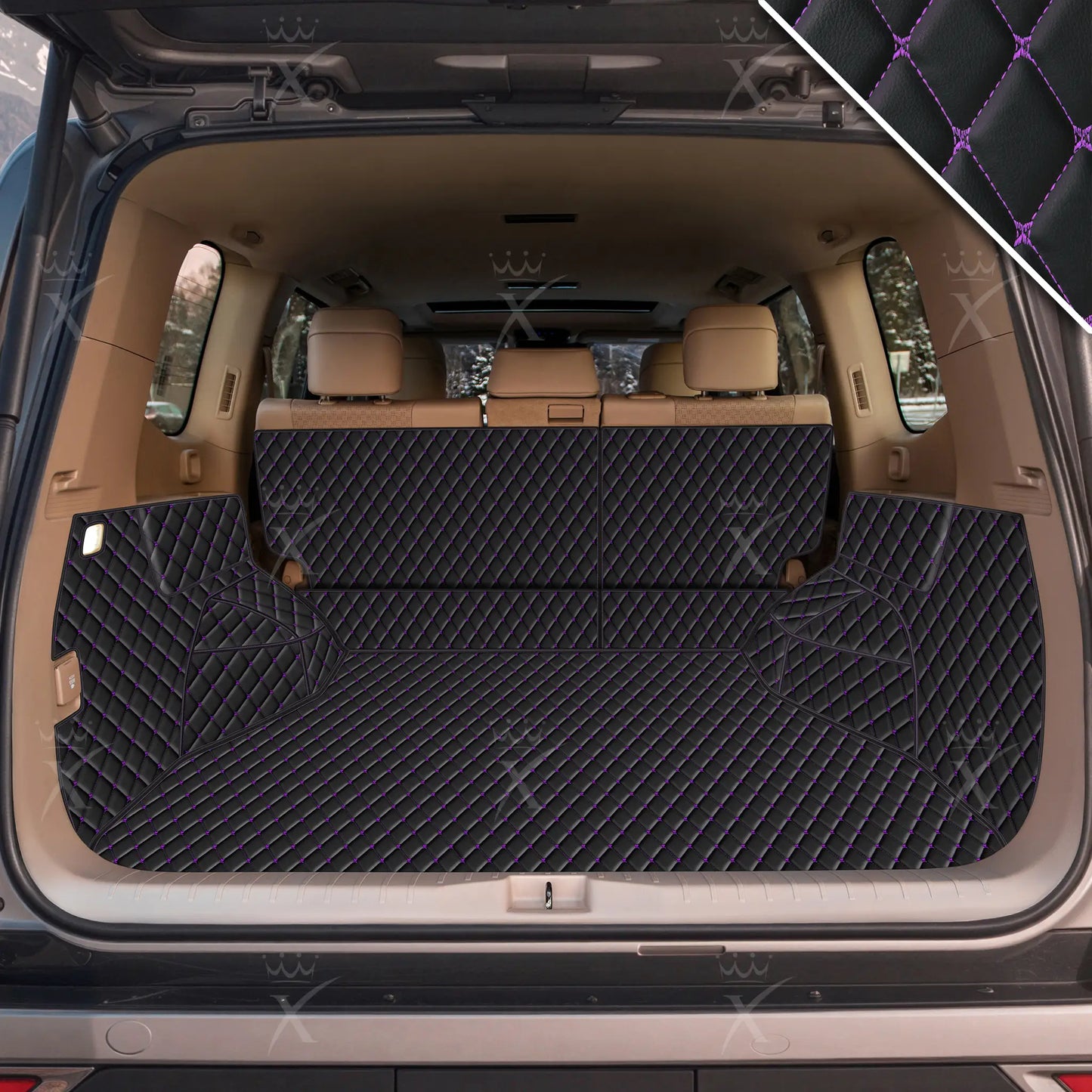 Tapis de Coffre 3D Intégral sur Mesure Premium Luxus – Motif Losange Noir avec Surpiqûres Mauves