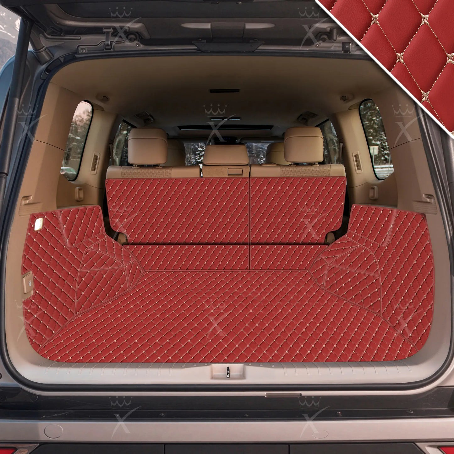 Tapis de Coffre 3D Intégral Sur Mesure Premium Luxus – Motif Losange Rouge Cerise