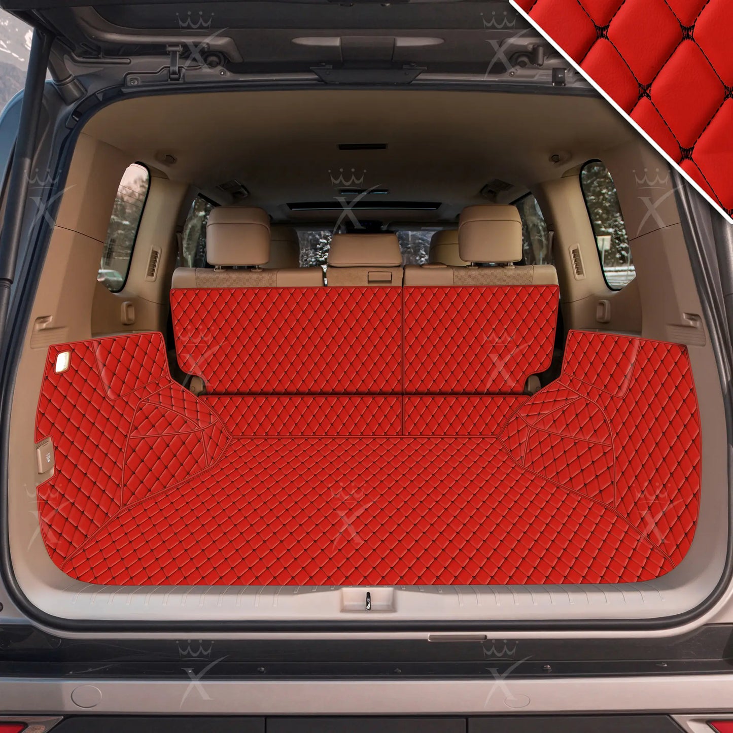 Tapis de Coffre 3D Intégral sur Mesure Premium Luxus – Motif Losange Rouge Ferrari avec Surpiqûres Noires