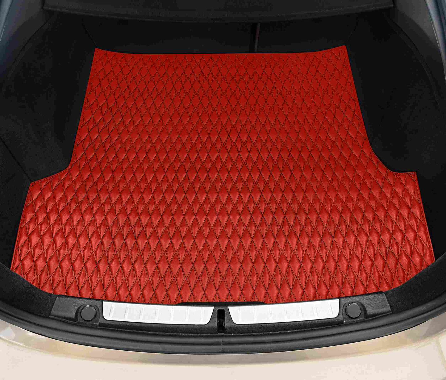 Tapis de Coffre sur Mesure Premium Luxus – Motif Double Losange Rouge Ferrari avec Surpiqûres Noires