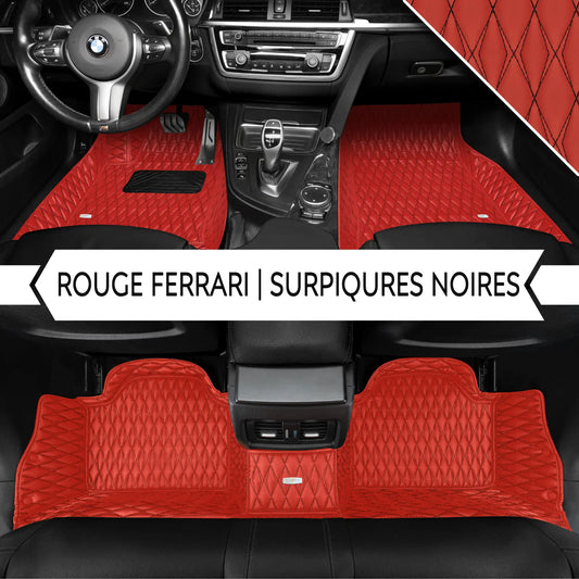 Tapis de Sol 3D sur Mesure Premium Luxus – Motif Double Losange Rouge Ferrari avec Surpiqûres Noires