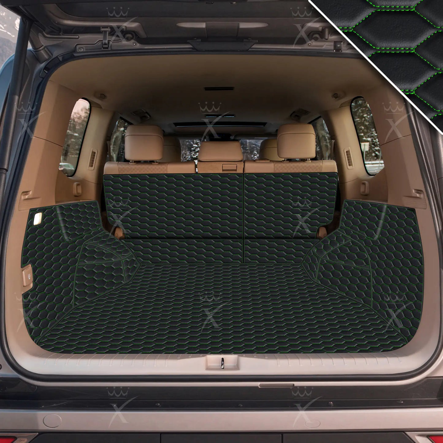 Tapis de Coffre 3D Intégral sur Mesure Premium Luxus – Motif Nid d’Abeille Noir avec Surpiqûres Vertes