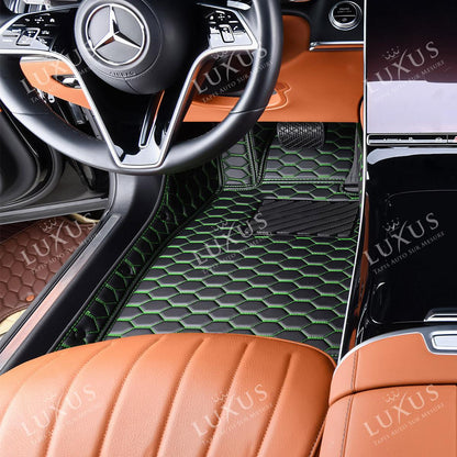 Tapis de Sol 3D sur Mesure Premium Luxus – Motif Nid d’Abeille Noir avec Surpiqûres Vertes