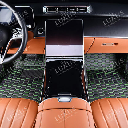 Tapis de Sol 3D sur Mesure Premium Luxus – Motif Nid d’Abeille Noir avec Surpiqûres Vertes