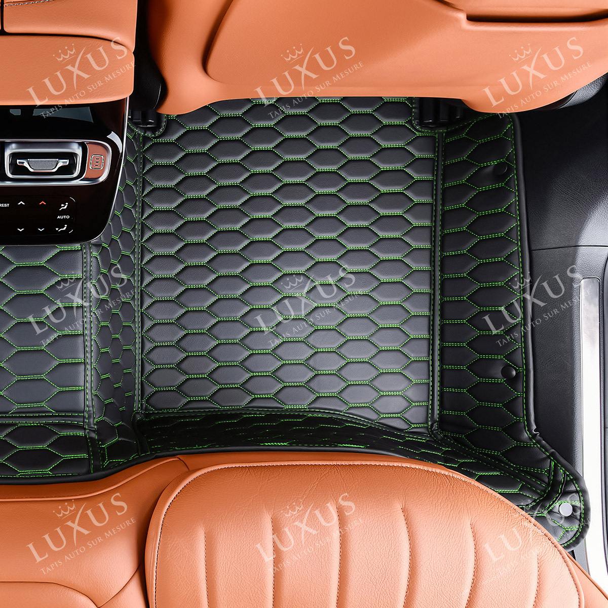 Tapis de Sol 3D sur Mesure Premium Luxus – Motif Nid d’Abeille Noir avec Surpiqûres Vertes