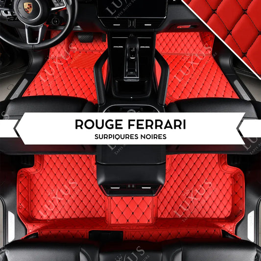 Tapis de Sol 3D sur Mesure Premium Luxus – Motif Losange Rouge Ferrari avec Surpiqûres Noires