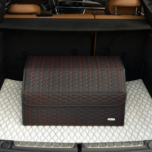 Boite de Rangement Voiture | Motif Nid d'Abeille | Noir & Surpiqûres Rouges