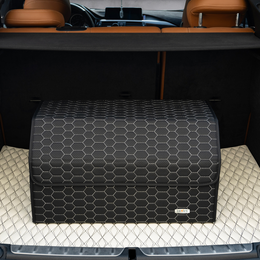 Boite de Rangement Voiture | Motif Nid d'Abeille | Noir & Surpiqûres Blanches