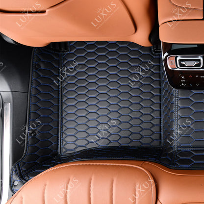 Tapis de Sol 3D sur Mesure Premium Luxus – Motif Nid d’Abeille Noir avec Surpiqûres Bleues