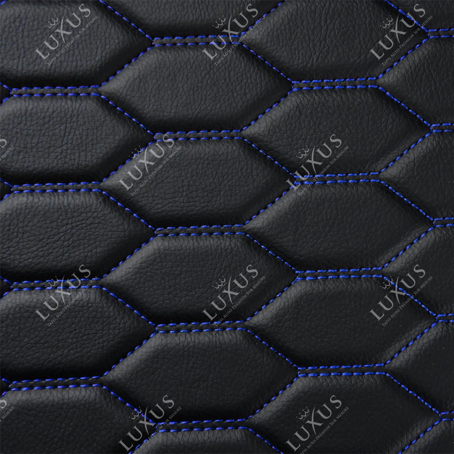 Tapis de Sol 3D sur Mesure Premium Luxus – Motif Nid d’Abeille Noir avec Surpiqûres Bleues