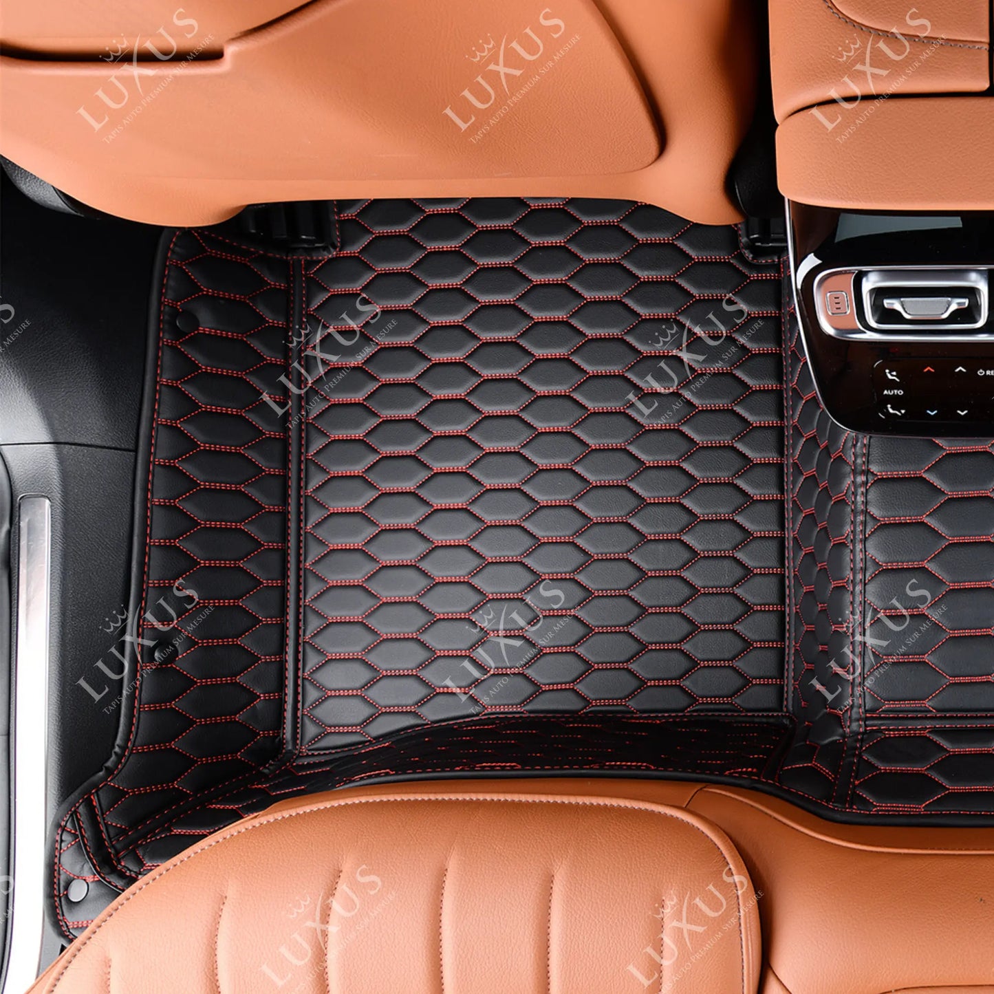 Tapis de Sol 3D sur Mesure Premium Luxus – Motif Nid d’Abeille Noir avec Surpiqûres Rouges