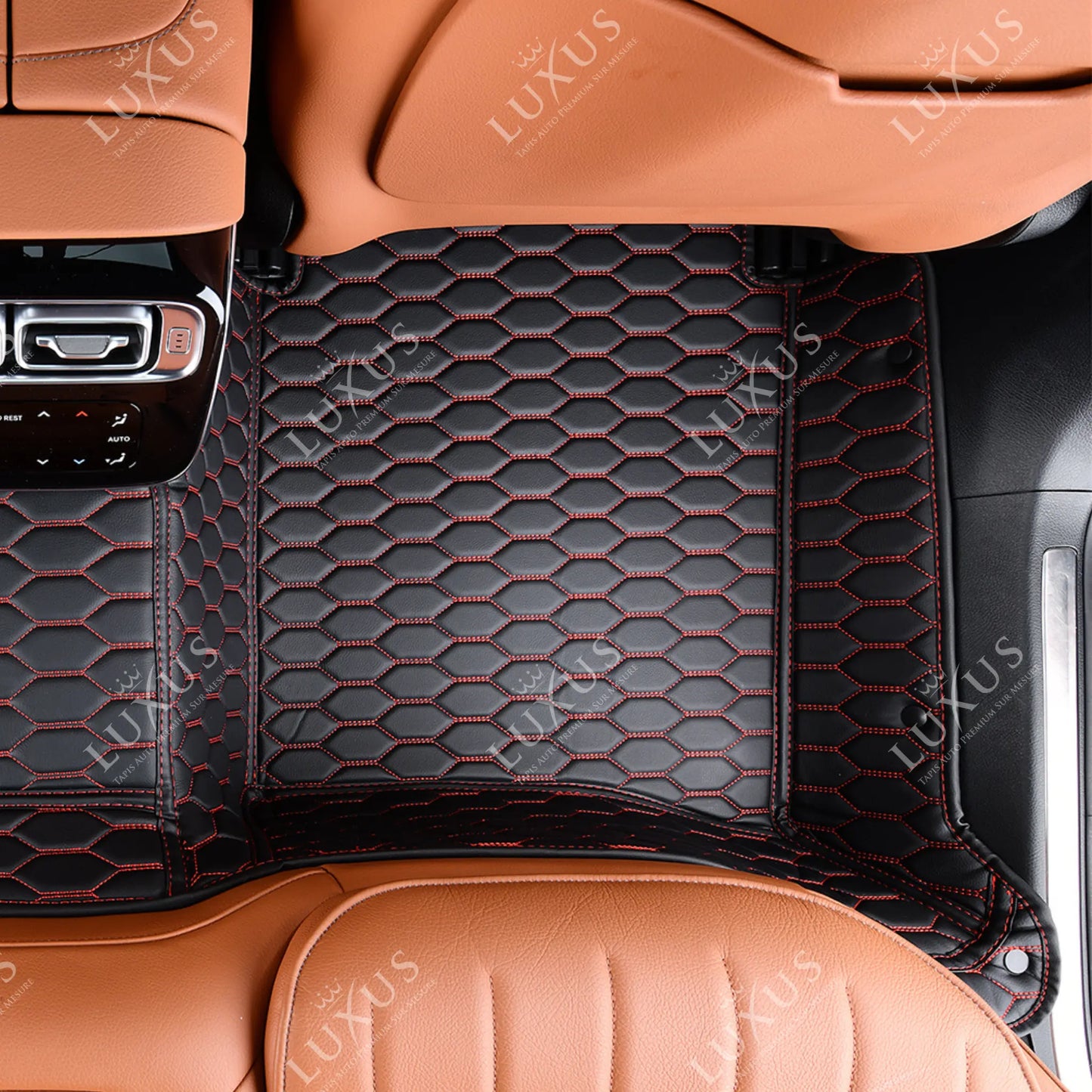 Tapis de Sol 3D sur Mesure Premium Luxus – Motif Nid d’Abeille Noir avec Surpiqûres Rouges