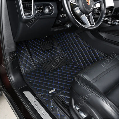 Tapis de Sol 3D Sur Mesure Premium Luxus – Motif Losange Noir avec Surpiqûres Bleues
