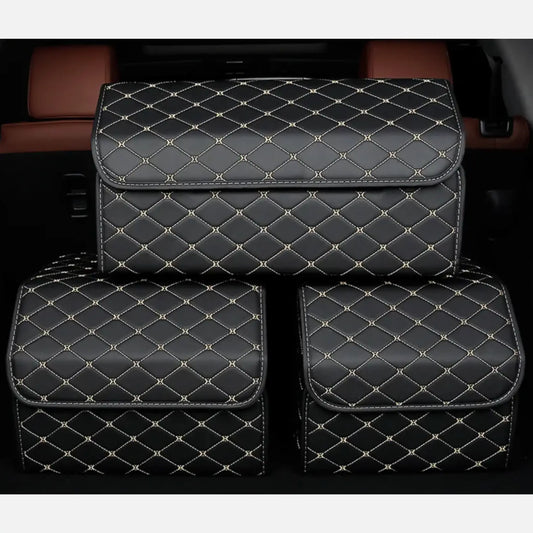 Boite de Rangement Voiture | Motif Losange | Noir & Surpiqûres Beiges
