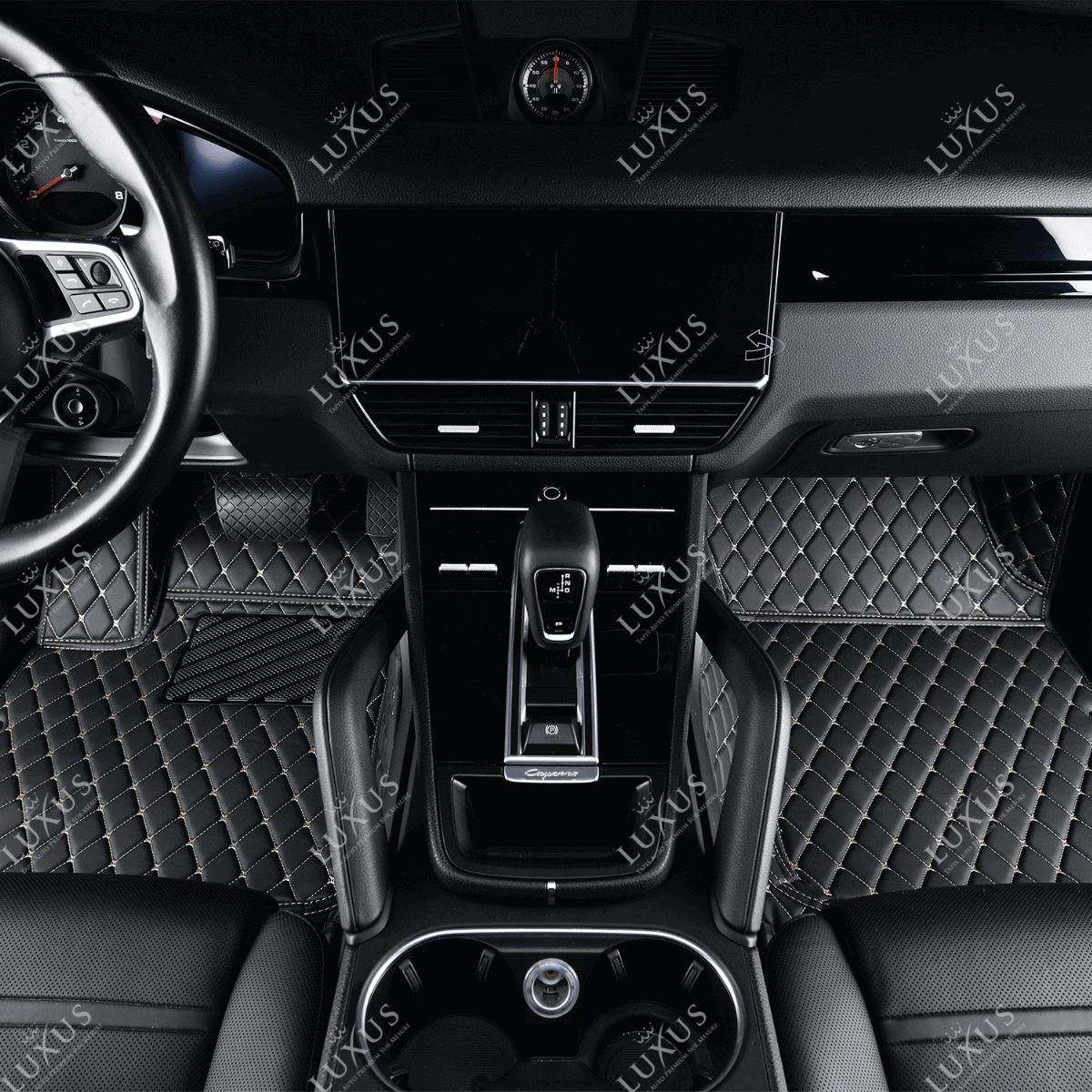 Tapis de Sol 3D sur Mesure Premium Luxus – Motif Losange Noir avec Surpiqûres Beiges