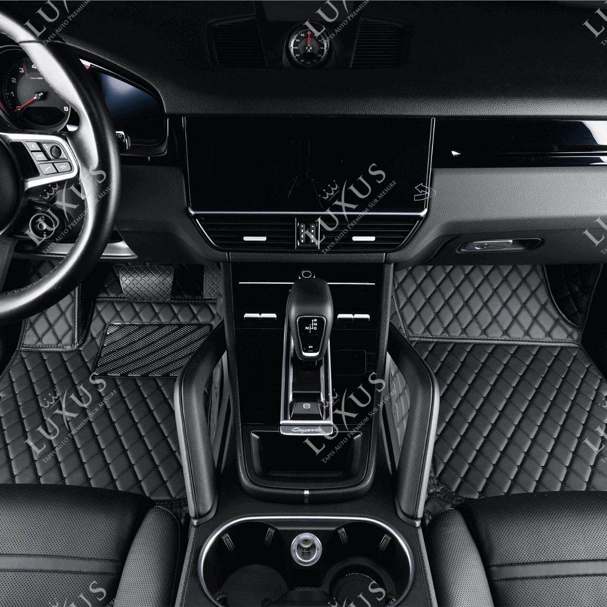 Tapis de Sol 3D Sur Mesure Premium Luxus – Motif Losange Noir avec Surpiqûres Noires