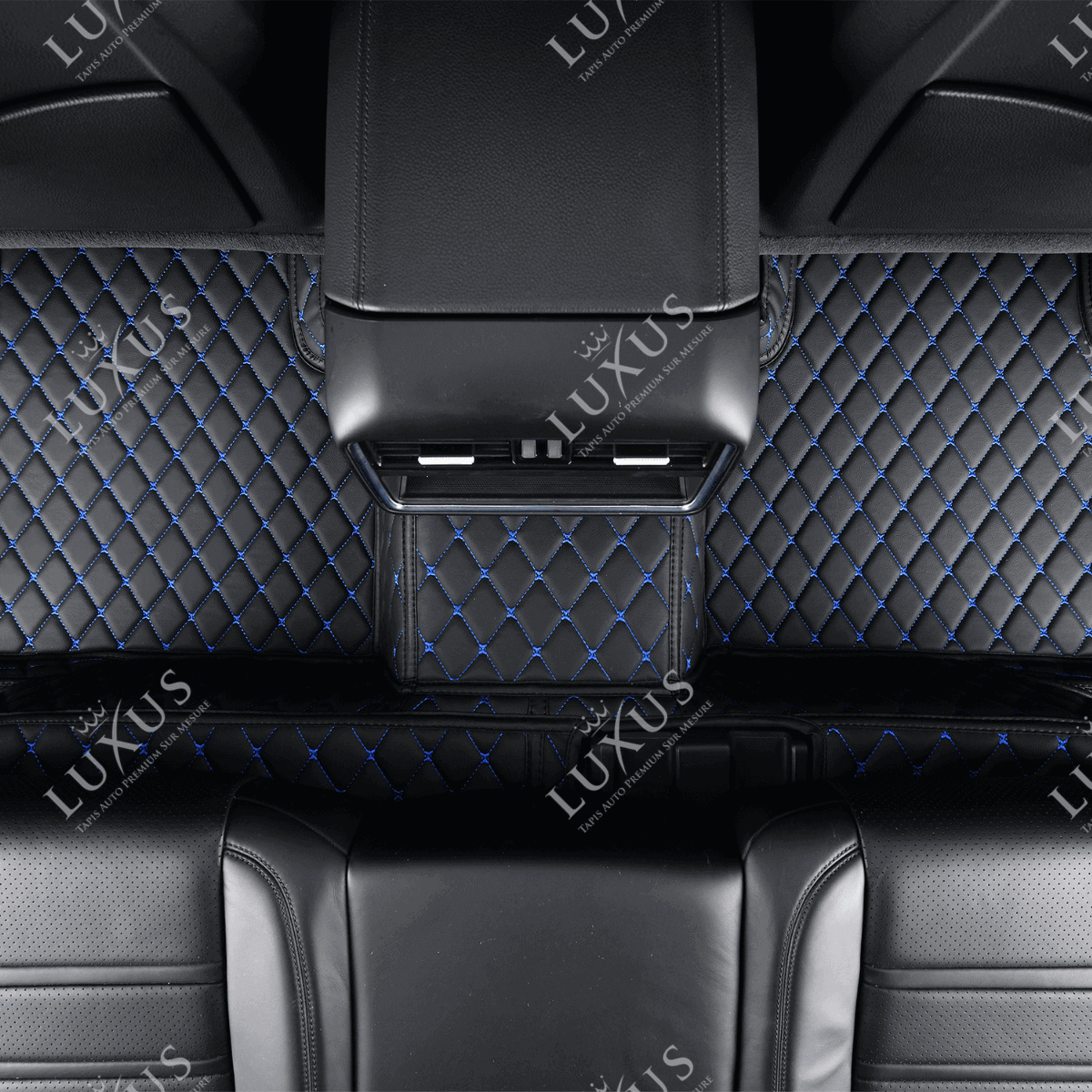 Tapis de Sol 3D Sur Mesure Premium Luxus – Motif Losange Noir avec Surpiqûres Bleues