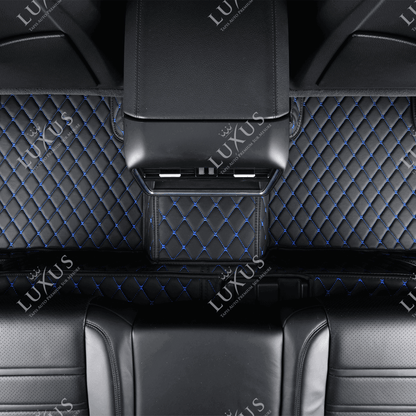 Tapis de Sol 3D Sur Mesure Premium Luxus – Motif Losange Noir avec Surpiqûres Bleues