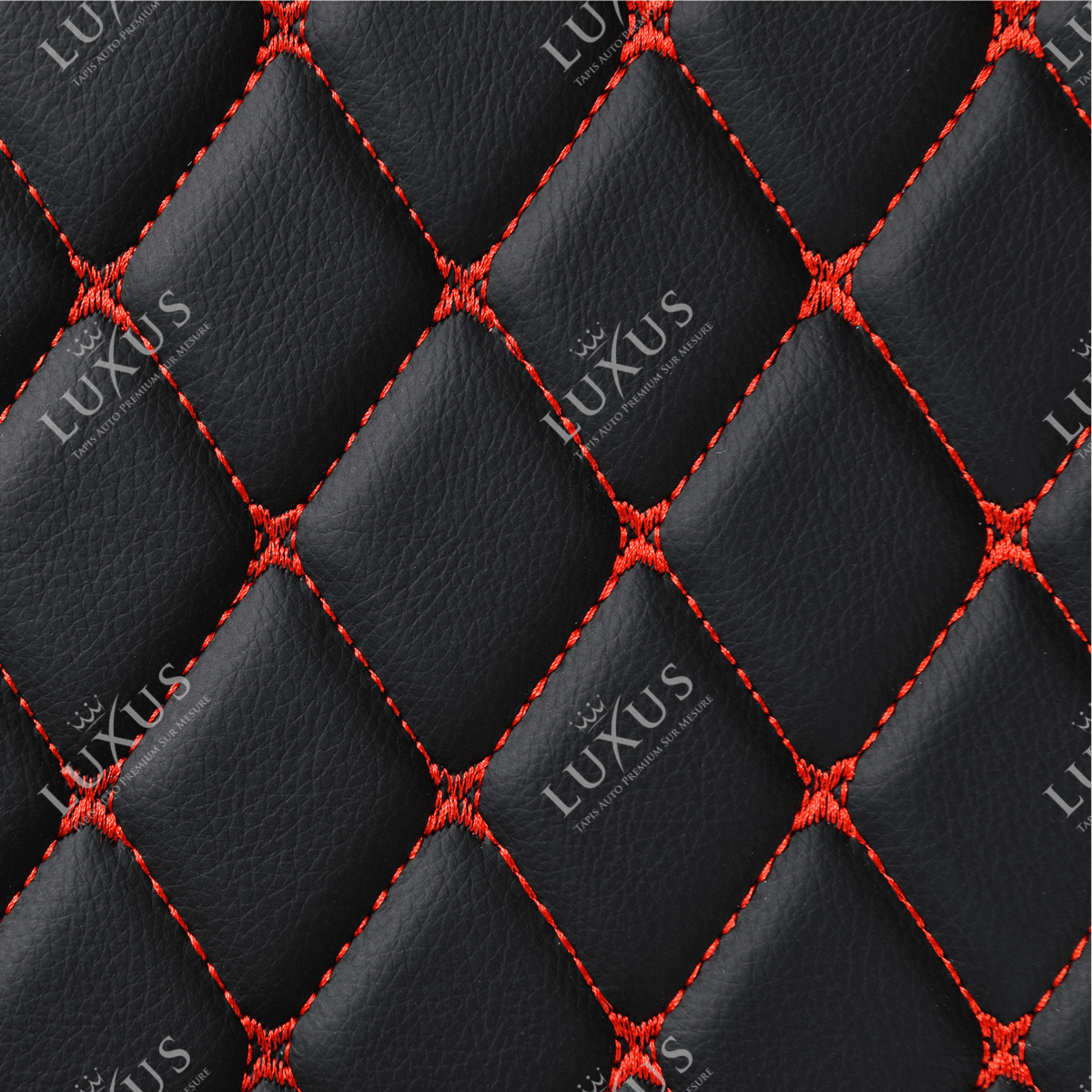 Tapis De Sol 3D Sur Mesure Premium Luxus – Motif Losange Noir avec Surpiqûres Rouges