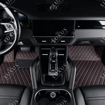 Tapis De Sol 3D Sur Mesure Premium Luxus – Motif Losange Noir avec Surpiqûres Rouges