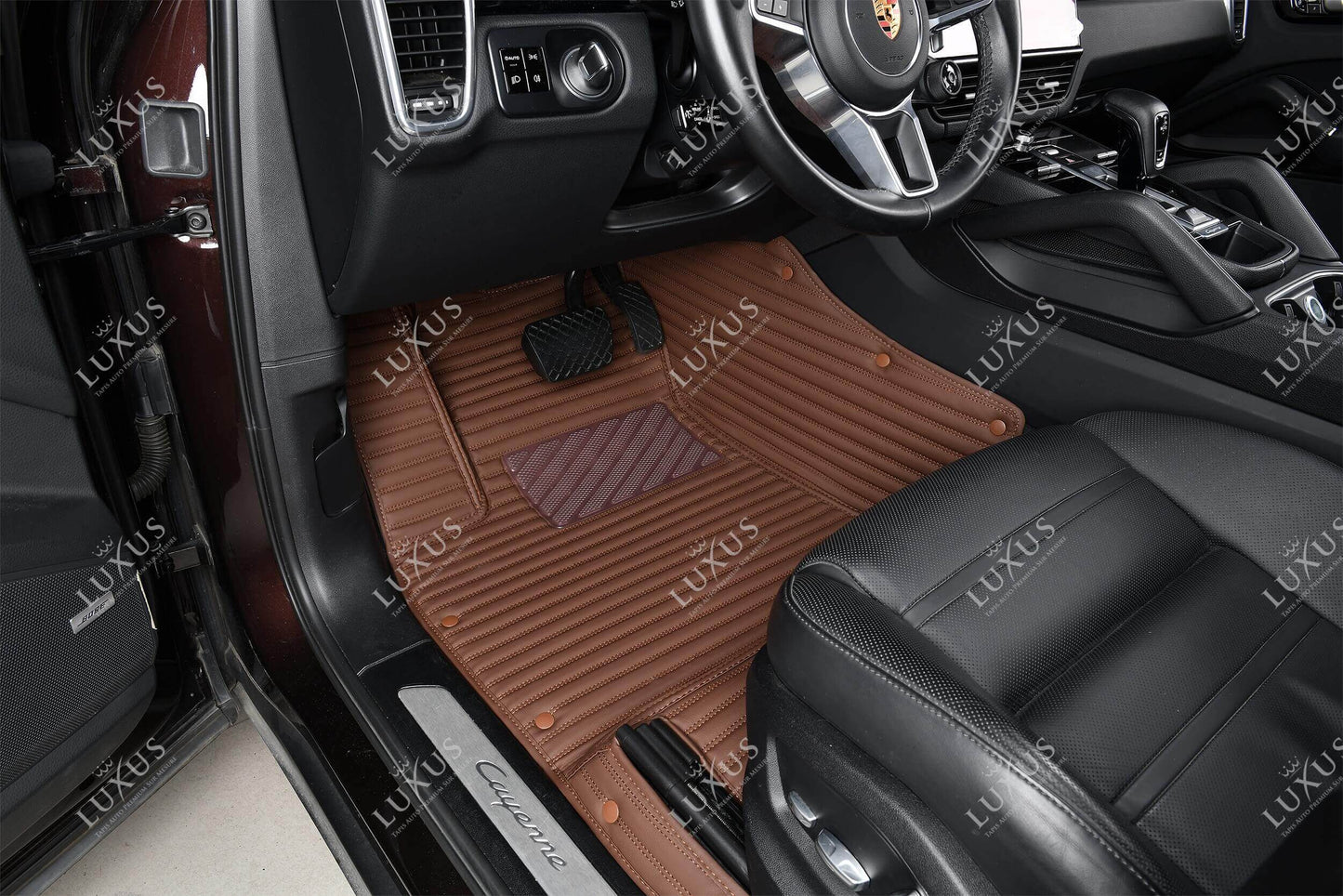 Luxus Tapis de Sol Premium 3D sur Mesure – Motif Bandes Marron Chocolat